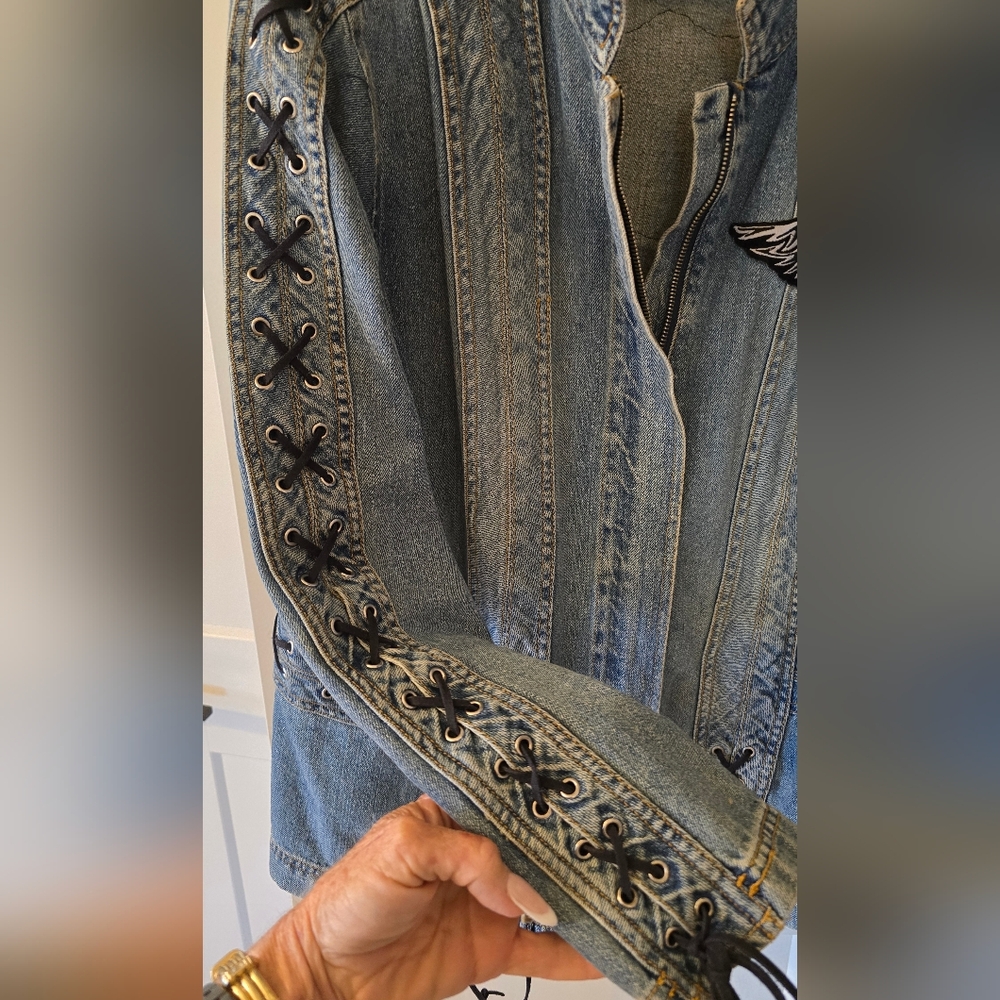 Denim&Co Denim Blue Lace-Up Jean Jacket With Harley Davidson Patches Size 22W - Picture 5 of 8